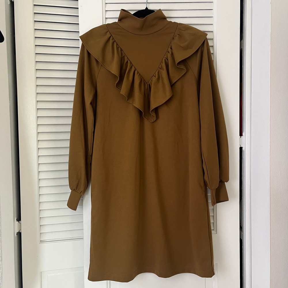 Who What Wear Ruffle Front Mock Neck Midi Dress Long Sleeves Golden Brown Sz S